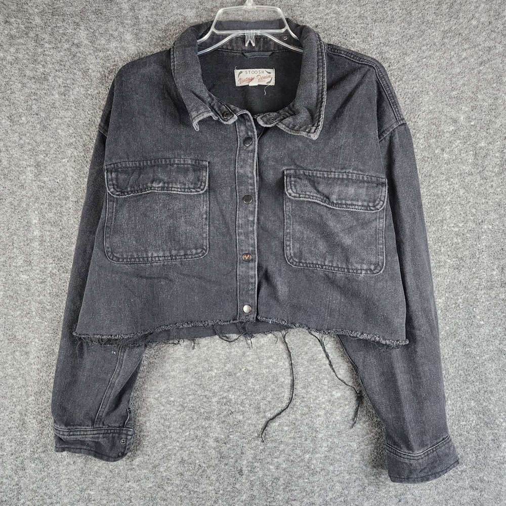 Stoosh Denim Jacket Womens XL Vintage Denim Black Cropped Raw Hem EUC